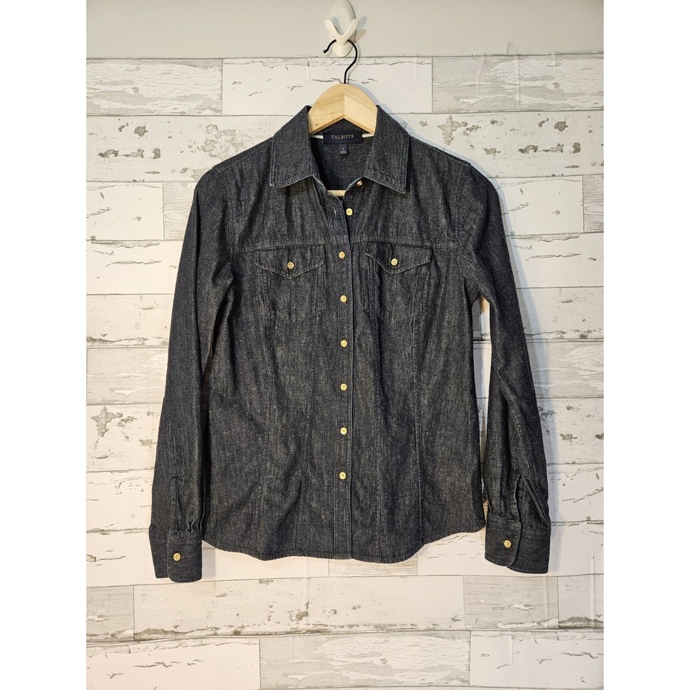Talbots Womens Dark Wash Denim Button Down Shirt Long Sleeve Indigo Size 4